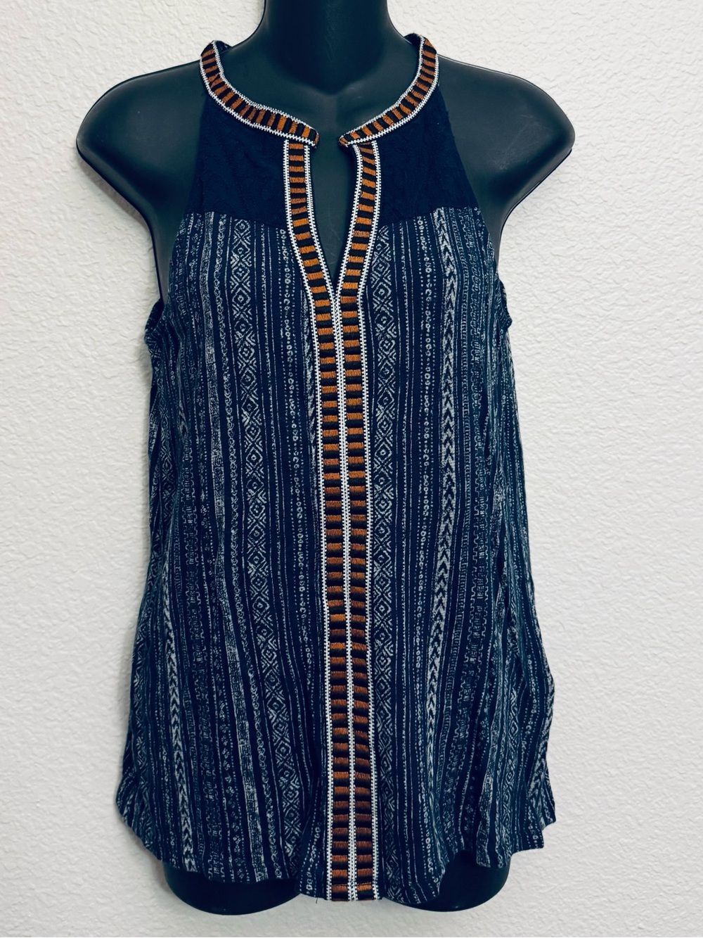 Lucky Brand Blue Linen Blend Boho Tribal Print Tank Top XS